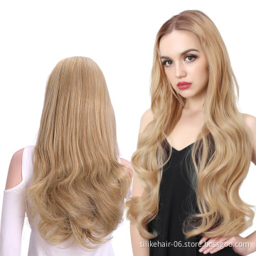 Wholesale Soft Long Ombre Brown Blonde Capless Wigs Hair Clips Extension 24Inches Wavy 3/4 Half Wig Synthetic Hair Extensions